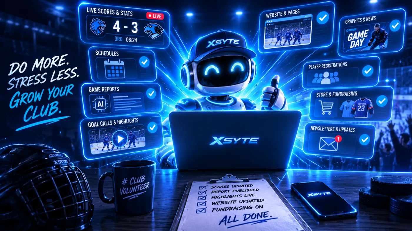 An XSYTE AI assistant at a laptop surrounded by panels for live scores, schedules, game reports, goal calls, website pages, registrations, store and newsletters