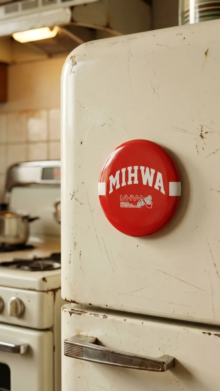 The round logo as a magnet on a fridge door