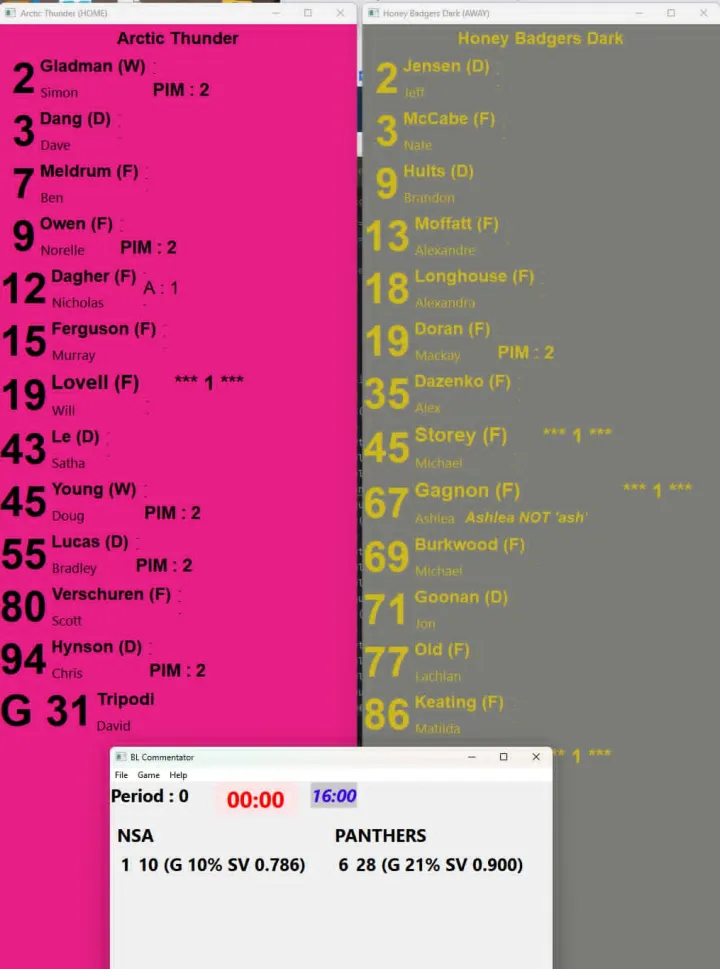 The Pro Game Announcer Buddy real-time stats app, showing two team rosters