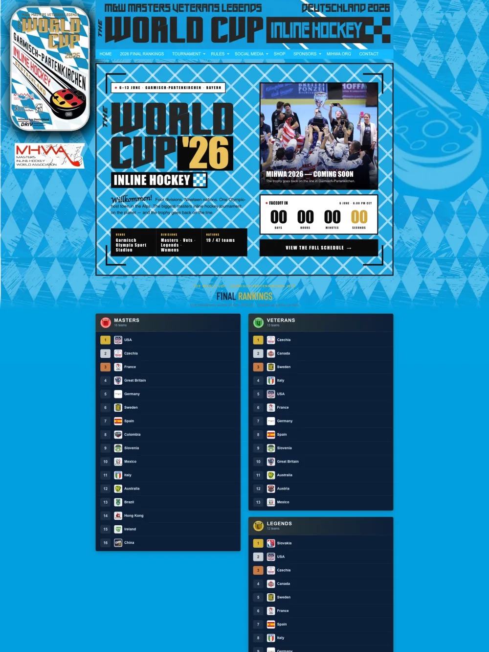 The MIHWA World Cup '26 homepage: a Garmisch-themed hub with the event countdown, venue and division summary, and the final rankings for the Masters, Veterans and Legends divisions