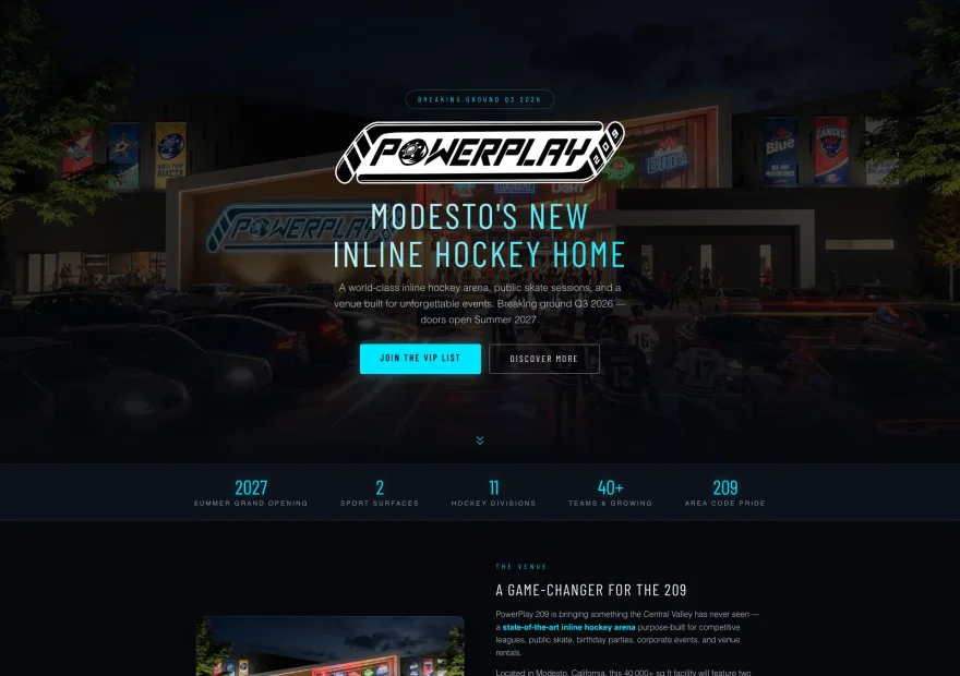 PowerPlay 209 — an inline hockey arena launch splash in dark neon