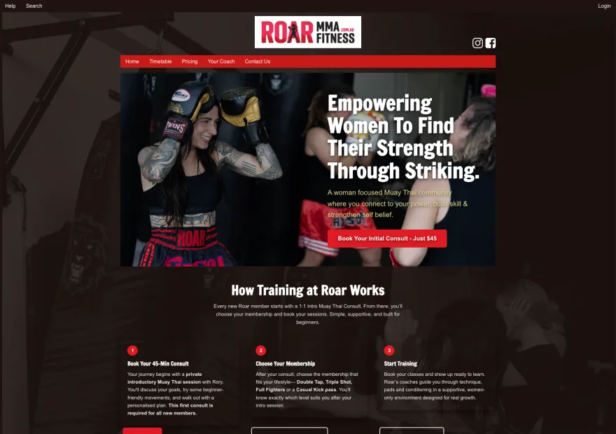Roar MMA Fitness — a women's Muay Thai gym site in bold red and black