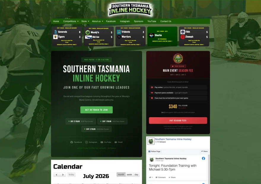 Southern Tasmania Inline Hockey — a live XSYTE league site showing the fixture scoreboard strip and season sign-up